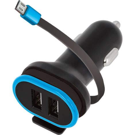 USB KFZ Adapter Schwarz 5V / 3 A Dreifach Auto Ladegerät 2x USB-Ports mit USB-Ladekabel Micro-USB Zigarettenzünder Dual Port Car Charger 12-24V Schnellladeadapter (1/2)