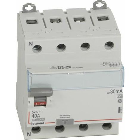 Legrand – Interrupteur différentiel DX³-ID tétrapolaire 400V 40A type A 30mA – Arrivée haute et départ bas à vis – 4 modules – Protection contre les défauts d'isolement