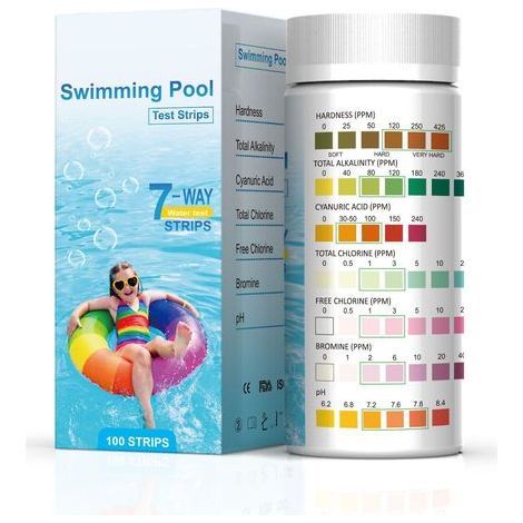 Lot de 100 bandelettes de test pour piscine - pH et chlore 7 en 1 - Dureté de l'eau - pH total - Chlore libre - Alcalinité totale. brome. acide cyanurique (1/5)