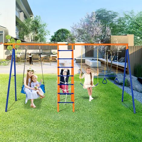 Kit Portique Balançoire de Jardin 6-en-1, avec 2 Balançoires, Barre de Trapèze, Échelle, Filet d'Escalade et Panier de Basket-ball, Charge 200 kg, Cadre en Métal Robuste, pour Enfants 3+ (1/5)
