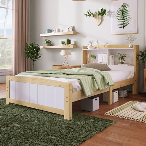 Cama 90x200 con cabecero almacenaje madera blanca OKMYHOME (1/5)