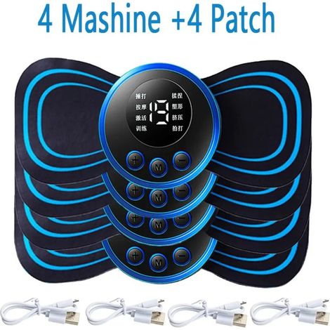 Set of 4 EMS electric patches for neck and back massage, LCD screen, 8 modes, pulse muscle stimulator, portable, pain relief 00526-AquaForge