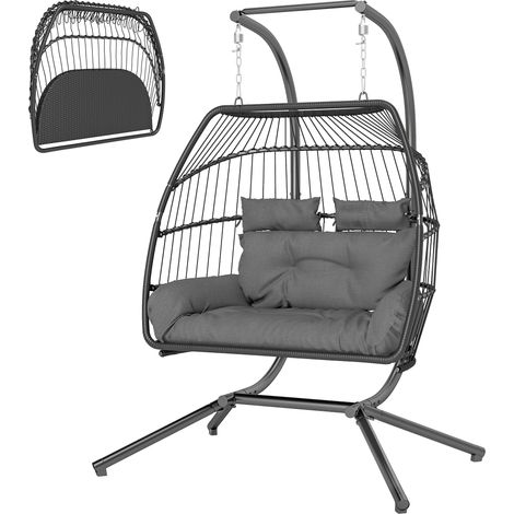 Fauteuil suspendu pliable en osier avec coussin et structure en acier, pour une utilisation intérieure et extérieure, charge maximale de 260 kg, gris foncé (1/5)