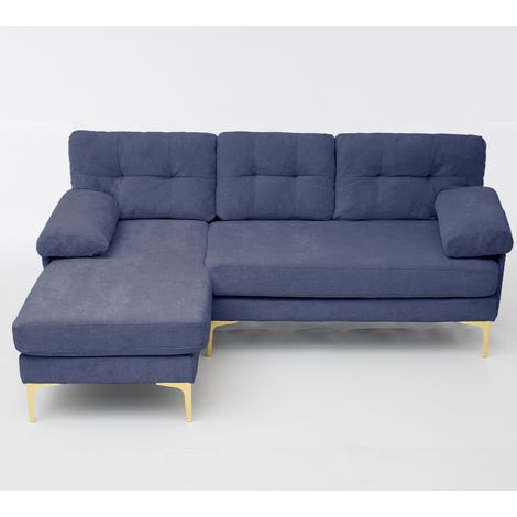 Canapé d’angle bleu 3 places en tissu chenille, méridienne réversible gauche ou droite, pieds métal, 187,5 x 130 x 79 cm (1/5)