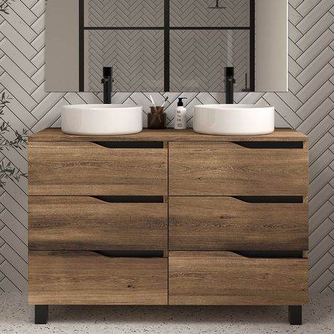 Meuble de salle de bain 120 avec plateau et 2 vasques à poser - sans miroir - 6 tiroirs - tabaco (bois foncé) - MATA (1/4)