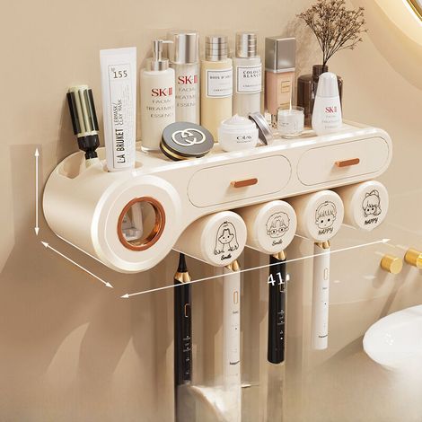Porte-brosses à dents mural sans perçage Milk White, pour quatre personnes, avec presse-tube de dentifrice et gobelet pour gargarisme, rangement multifonctionnel pour salle de bain (1/5)