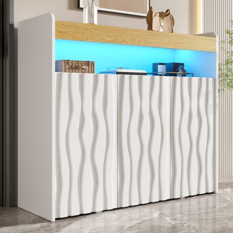 Aparador de 105x35x90,5 cm con iluminación LED, 3 puertas, estante abierto, estantes ajustables, tablero de partículas blanco natural. (1/5)