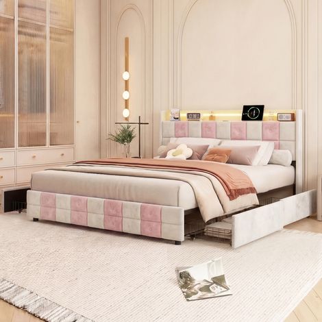 Letto 140x190 cm, letto matrimoniale 140x190 con cassetti, LED regolabili, ricarica USB, struttura letto, rete a doghe, bianco e rosa, velluto (1/5)