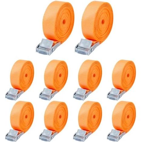 Lot de 10 Sangle d'Arrimage,25mm x 2m Sangle de Serrage,Sangle Porte Velo avec Boucle de Fermeture,Selon DIN en 12195-2, adapté aux camionnettes, Motos, camions Marchandises liées, Orange (1/5)
