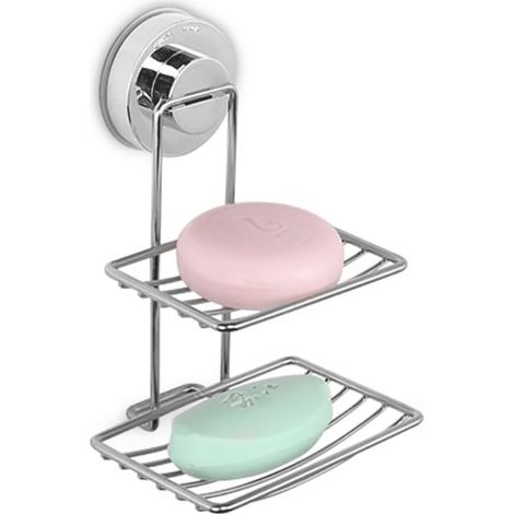 Porte-savon de salle de bain double compartiment en acier inoxydable, installation sans perçage (1/5)