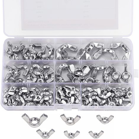 Wing Nut Assortment (100 Pieces) - Sizes M3, M4, M5, M6, M8 and M10 - 304 Stainless Steel Fasteners - Silver Wing Nuts for DIY Projects (1/5)