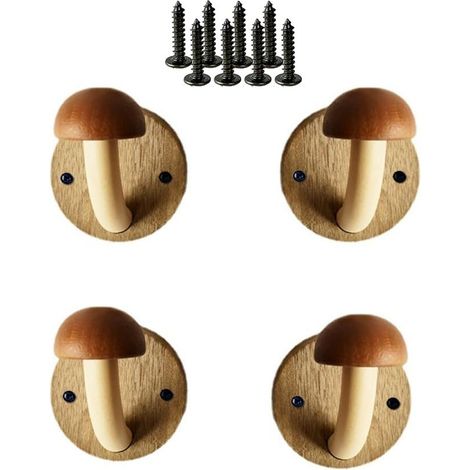 Crochets en bois en forme de chapeau de champignon amusants avec vis d'expansion, crochets porte-serviettes colorés en bois massif, ensemble de crochets perforés (marron, paquet de 4 pièces) (1/5)
