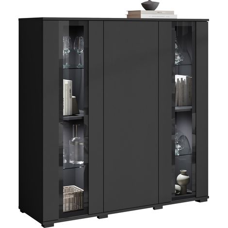 Aparador Torcame 100, Negro, 122x120cm, Número de puertas: 040cm, Aglomerado laminado, Vidrio templado, LED (1/5)