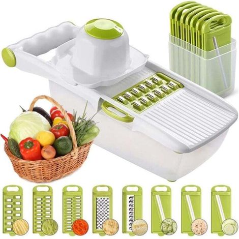 Mandolina multifunzione, taglia frutta e verdura, affettatrice per verdure, affettatrice intercambiabile in acciaio inox con contenitore per alimenti, protezione per le mani, affettatrice per julienne
