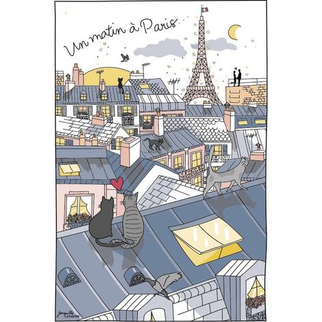 Torchon Essuie-Vaisselle en Coton Toits de Paris Motif Chats Écru 48 x 72 cm - PANGIVO
