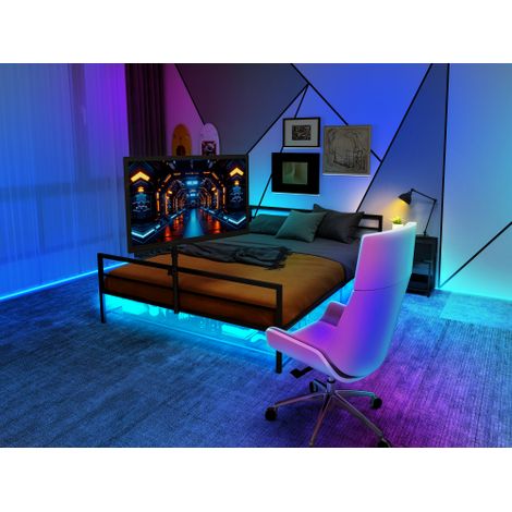 Schwarzes Gaming-Bett mit verstellbarer Halterung, LED-Beleuchtung und Unterbett-Aufbewahrungskörben. Großes Metallbett mit einer Länge.