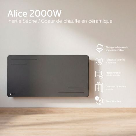 Radiateur électrique connecté 2000W à inertie sèche céramique horizontal Noir Alice