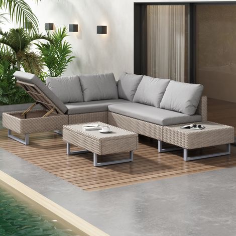 Modulares Garten-Loungeset aus PE-Rattan in Khaki, 4-5-teilig für 4-5 Personen, mit verstellbarem Sessel und Tisch (1/5)