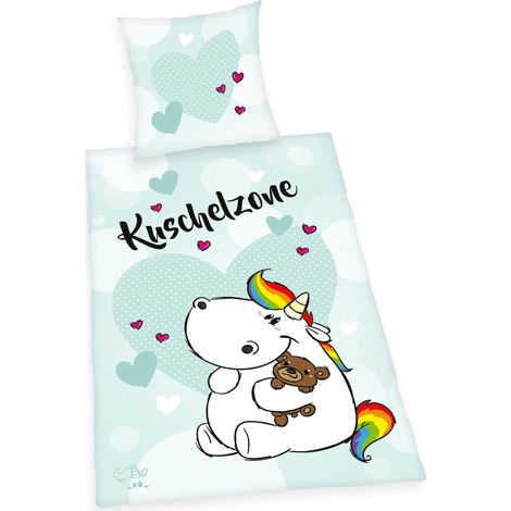 Parure de Lit Licorne Poméranienne, Taie d'Oreiller 80 x 80 cm, Housse de Couette 135 x 200 cm, avec Fermeture Éclair Facile, 100% Coton/Renforcé, Blanc/bleu (1/5)