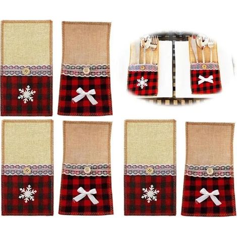 Porte-couverts de Noël - Vintage - 6 pièces - Toile de Jute et Dentelle - 21x11cm - Décoration de Fête (1/4)