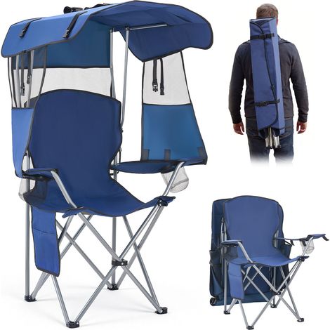 VEVOR Silla de Camping Plegable con Sombrilla Capacidad Máxima de 150 kg, Silla de Camping Portátil con Toldo Tela Oxford, Compartimento para Revistas, Portavasos y Bolsillo para Exteriores Pesca (1/5)