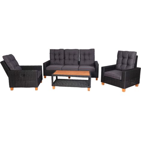 Set salotto giardino esterno salottino HHG-186 polyrattan legno di acacia antracite cuscino grigio