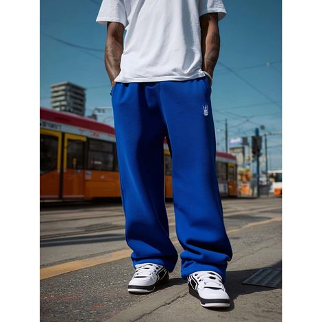 Pantaloni della tuta larghi da uomo Jigga Wear, blu/bianchi, con logo ricamato e coulisse, taglia L (1/5)