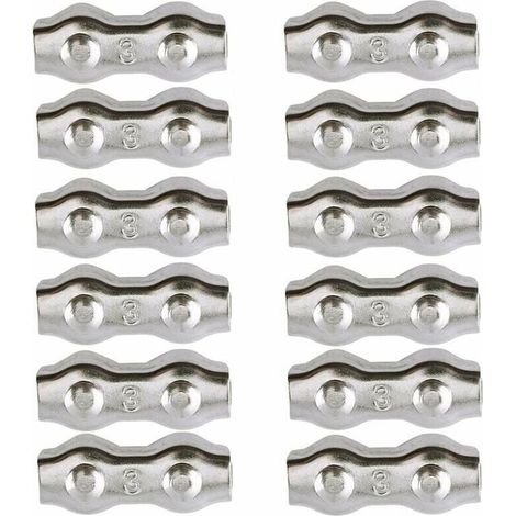 Kabelklemme, 3 mm Stahlkabelklemme, 12 Stück, Doppelkabelklemmen, Kabelclips aus Edelstahl 304, Kabelklemmen für 2 mm Drahtkabel, Wäscheleinenkabelklemme, AAFGVC