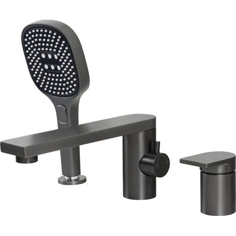Robinet pour Bord de Baignoire 3 Trous Mitigeur Baignoire 3 Trous avec Rotatif 360° Mélangeur en laiton pour Salle de Bain Chaude et Froide Réglable, Gris gunmetal PTBH23E (1/5)