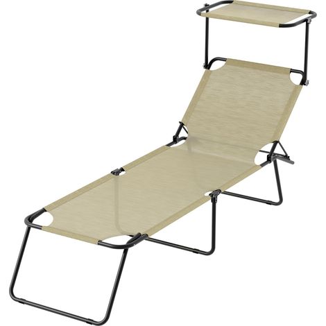 Lettino Pieghevole Con Tettuccio Regolabile Prendisole Parasole Schienale Reclinabile Regolabile Struttura In Metallo Nero Sedia Sdraio Per Spiaggia Mare Giardino Piscina 187 x 53 x 24 Cm (Beige) - Co