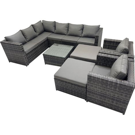 Fimous Rattan Garden Furniture Patio Furniture Sets with Corner Sofa Coffee Table 2 Big Stool Dark Grey Mixed (1/5)