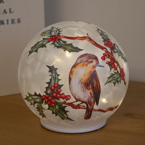 15cm Light Up Christmas Robin Glass Ball with Warm White LEDs (1/5)