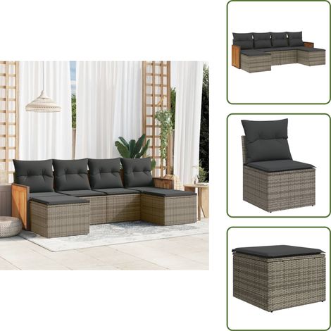 6-tlg. Garten-Sofagarnitur mit Kissen Grau Poly Rattan - Gartensorte - Gartenmöbelset - Lounge Möbel - Rattan Gartenmöbel - Polyethylen Gartenmöbel (1/5)