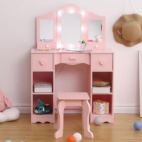 Coiffeuse 2 en 1 pour Enfants avec Miroir Amovible à 3 Volets, Lumière LED et Tabouret - Table de Maquillage en Bois Style Princesse avec Tiroir et Accessoires pour Filles