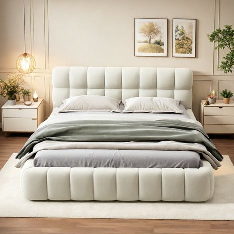 Lit 160 x 200 - Lit double 160 x 200 - Lin beige - Lit capitonné avec dossier moelleux - Lit adulte style scandinave - Sommier à lattes
