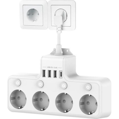 Multiprise - - 4 Prises - 4000W - 16A - 4 Interrupteurs Individuels - 3 USB-A 1 USB-C (1/4)