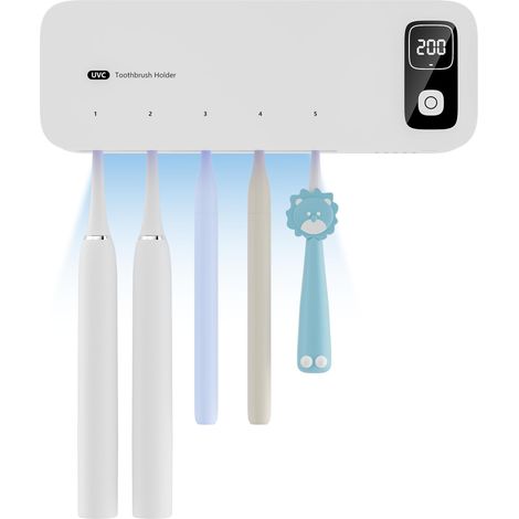 Stérilisateur de brosse à dents UV et support avec stérilisateur puissant séchage à l'air, 5 positions de fente pour brosse à dents, étui à brosse à dents minuté 200 et 400 s, stérilisateur mural (1/5)