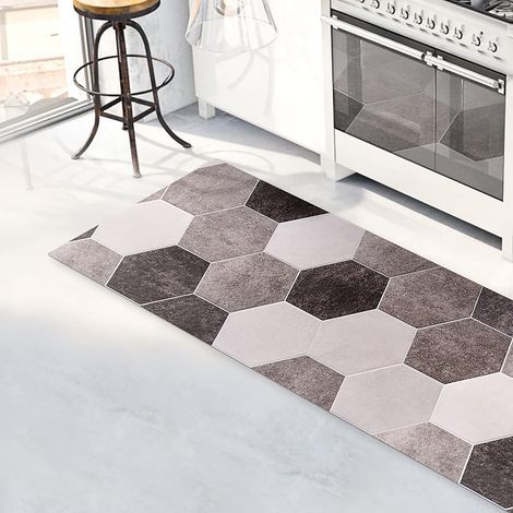 Grey Hexagon Floor Mat 120x50 cm Non-Slip Waterproof Fire-Retardant Vinyl for Kitchen and Bathroom (1/5)