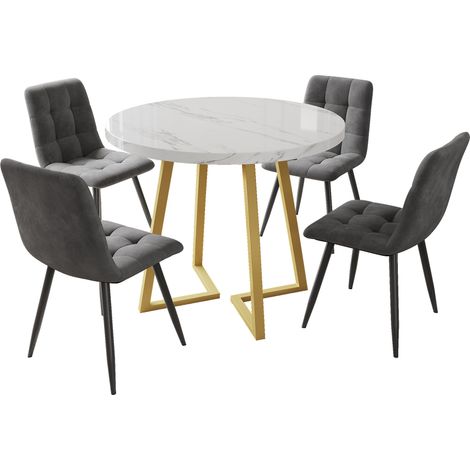 5-teiliges rundes Esszimmerset 80 cm MDF weiß mit 4 dunkelgrauen Samtstühlen (1/5)