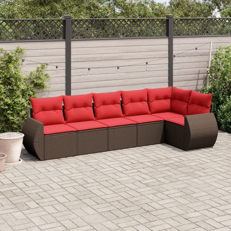 Ensemble canapé de jardin 6 pièces en rotin PE marron avec coussins rouges, 48.48kg - PANGIVO (1/5)