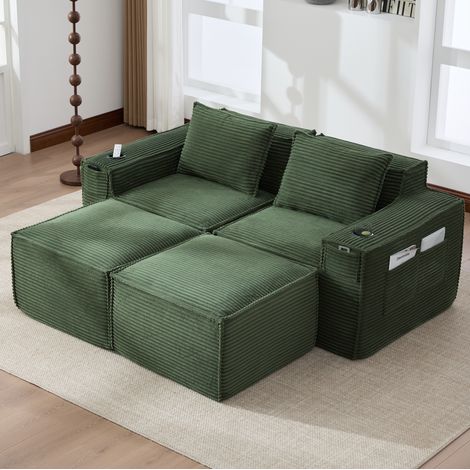 Canapé droit 2 places modulaire avec porte-gobelets et poches, compact et pratique, 2 poufs, 188×162×75 cm, velours côtelé vert (1/5)