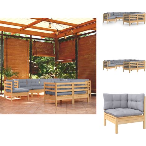 Gartenmöbel-Sets - Living 9-tlg. Garten-Lounge-Set mit Grauen Kissen Kiefer Massivholz (1/5)