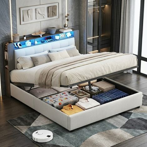 Lit coffre 140x200 cm, avec éclairage led et chargement sans fil, lit double avec espace de rangement et sommier à lattes, velours, beige (1/5)