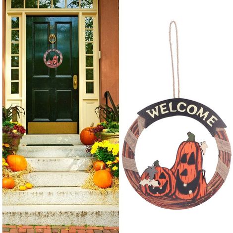 Décorations d'Halloween : panneaux de bienvenue, couronnes, décorations de porte, citrouilles en bois, chats noirs, châteaux de cimetière, costumes de fantômes et accessoires. (1/5)