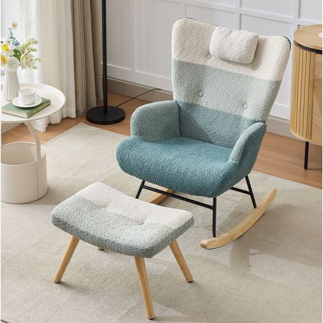 Poltrona a dondolo 83x65,5x95 cm multicolore con poggiapiedi, tessuto bouclé e legno, MEUBLIV (1/5)