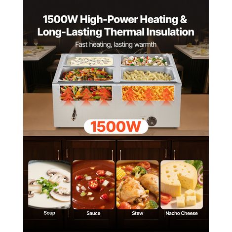 Chauffe-Plat Électrique à Vapeur 1500 W, Buffet Chauffant en Inox, Bain-marie avec 4 Bacs de 1/2, Couvercle et Louches à Soupe et P… (1/5)