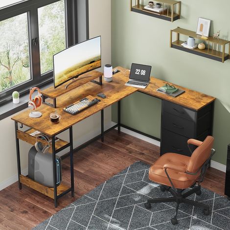 L-förmiger Gaming-Eckschreibtisch, 150×118 cm, mit Schubladen, Steckdose und USB-Anschluss, geräumiger Computertisch mit Stauraum für Homeoffice und Schlafzimmer, rustikales Braun (1/5)
