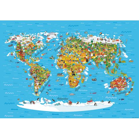 papier peint panoramique carte du monde pour enfants bleu, jaune et blanc - Sanders & Sanders (1/4)