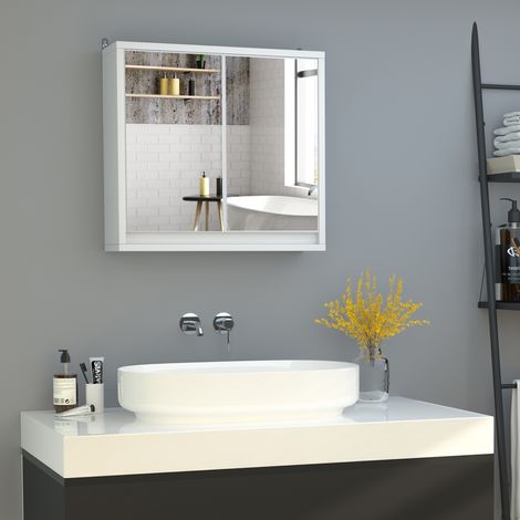 Armoire Salle Bain Miroir Portes Étagère Réglable Mobilier Suspendu Moderne Intérieur Blanc 48x14,5x45cm (1/4)