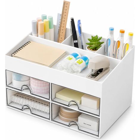 Organisateur Bureau - 1 Unité - Plastique Blanc - 5 Tiroirs Transparents - Rangement Cosmétique et Fournitures - Compact (1/5)